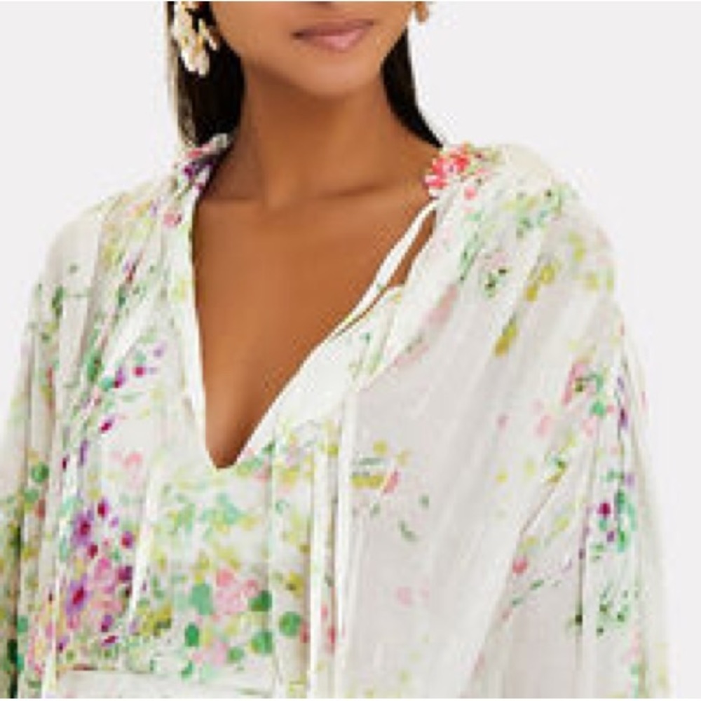 Anthropologie White Floral Tie-Front Blouse - Picture 6 of 13